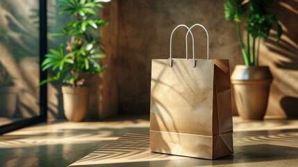 A brown paper bag with white handles stands on a table with light filtering through a window casting shadows on the surface