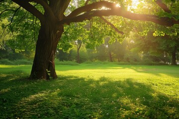 Sunlight filters through lush trees in a peaceful park. Golden rays illuminate a grassy meadow, creating a serene natural oasis.