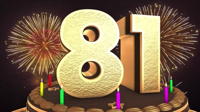 81st birthday chocolate cake animation 3d render in chocolate gold with confetti and balloon background. 4k