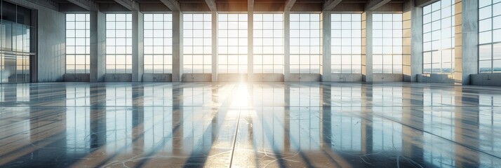 A wide shot of an empty warehouse with a polished floor reflecting warm sunlight streaming through large grid-like windows
