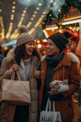 Fototapeta premium Embrace the festive spirit while shopping with friends at Christmas markets adorned with cheerful decorations and warm night lights, creating a cozy atmosphere brimming with joy and holiday cheer
