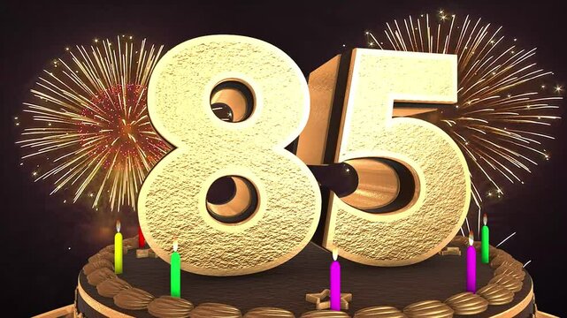 85th birthday chocolate cake animation 3d render in chocolate gold with confetti and balloon background. 4k