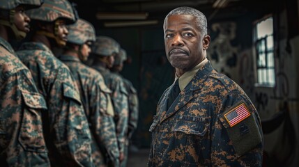 Group of soldiers in camouflage uniforms standing in formation with a commanding officer looking at camera. Military style photo. Representation of discipline and leadership in armed forces. AI