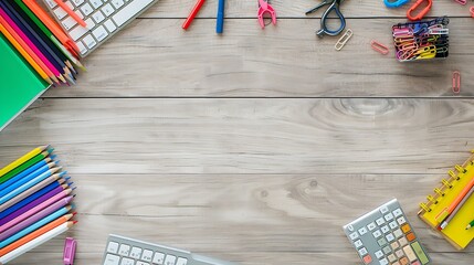 Fototapeta premium A Flatlay of Colorful School Supplies on a Wooden Desk