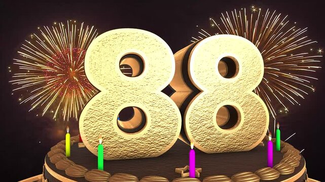 88th birthday chocolate cake animation 3d render in chocolate gold with confetti and balloon background. 4k