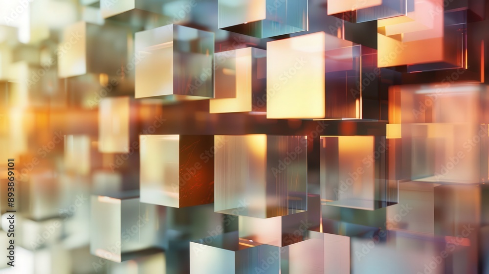 Poster a computer-generated image featuring a grid of translucent, brightly colored glass cubes arranged in