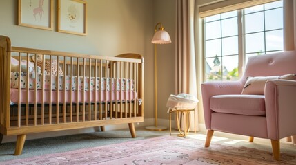 Wooden baby crib and bed with pink chair, carpet, and wall frame.