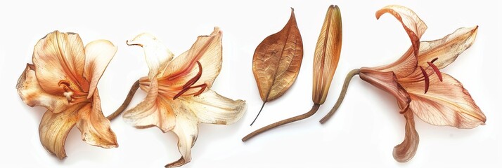 Pressed and dried lily flowers and leaves arranged on a white background