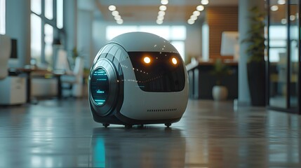 A futuristic office where Robotic Process Automation (RPA) handles repetitive tasks efficiently