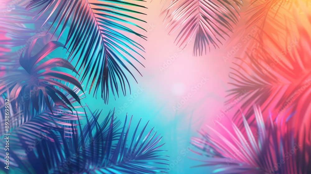 Sticker Exotic tropical summer background with palm leaves. Summer vacation concept.