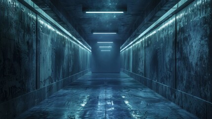 A dimly lit concrete corridor with a textured ceiling and a dark shadowed end