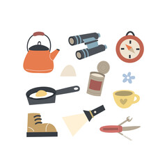 Obraz premium Cartoon camping thematic elements, hand drawing lettering. Colorful vector illustration, flat style. design for cards, print, poster, cover