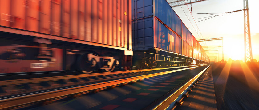 A dynamic shot of freight trains moving at high speed on parallel tracks at sunset, emphasizing motion and industrial strength.