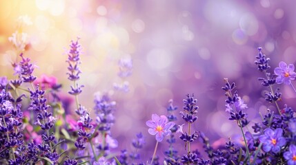 Fototapeta premium Close up of lavender and violet flowers with space for text in spring