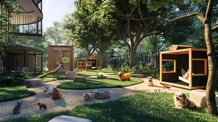 Illustrate homes and outdoor areas designed with pets in mind, featuring pet-friendly furniture, secure gardens, and safe play areas.
