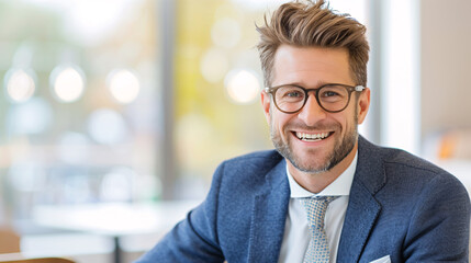 A man wearing a blue suit and glasses is smiling. He is sitting at a table in a restaurant