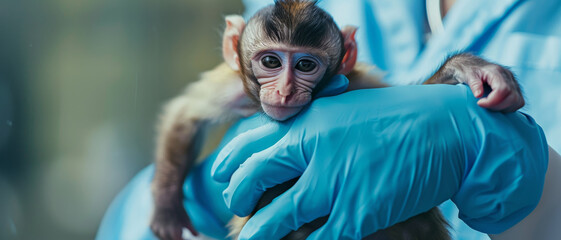 A baby monkey cradled in gloved hands, looking intently at the camera, highlighting both the tender care and clinical environment in a heartwarming capture.