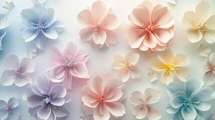 Translucent paper flowers in soft pastels layered for depth on background