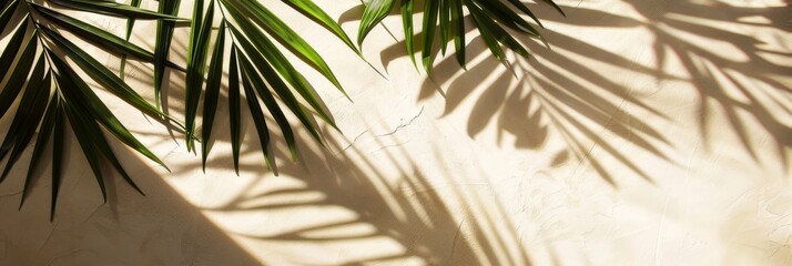 Palm leaves cast long shadows on a light beige background, creating a summery and tropical scene