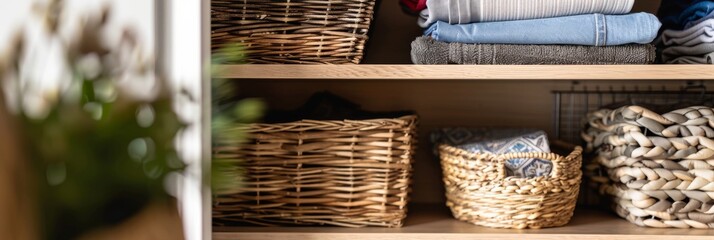 A neatly organized closet with wicker baskets filled with folded clothing on wooden shelves