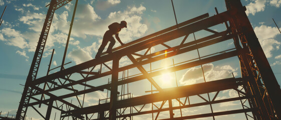 Silhouette of a worker standing on steel beams of a construction site at sunset, with a golden sky as the backdrop.