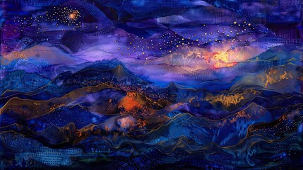 Fototapeta premium Luminous golden threads and midnight blue tapestry like celestial weaving wallpaper