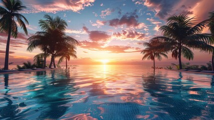 A serene pool reflecting the vibrant hues of a tropical sunset with palm trees swaying gently in the warm breeze