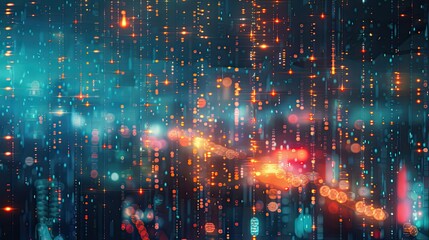 Obraz premium Digital pixel raindrops in a midnight city light backdrop blending virtual and real