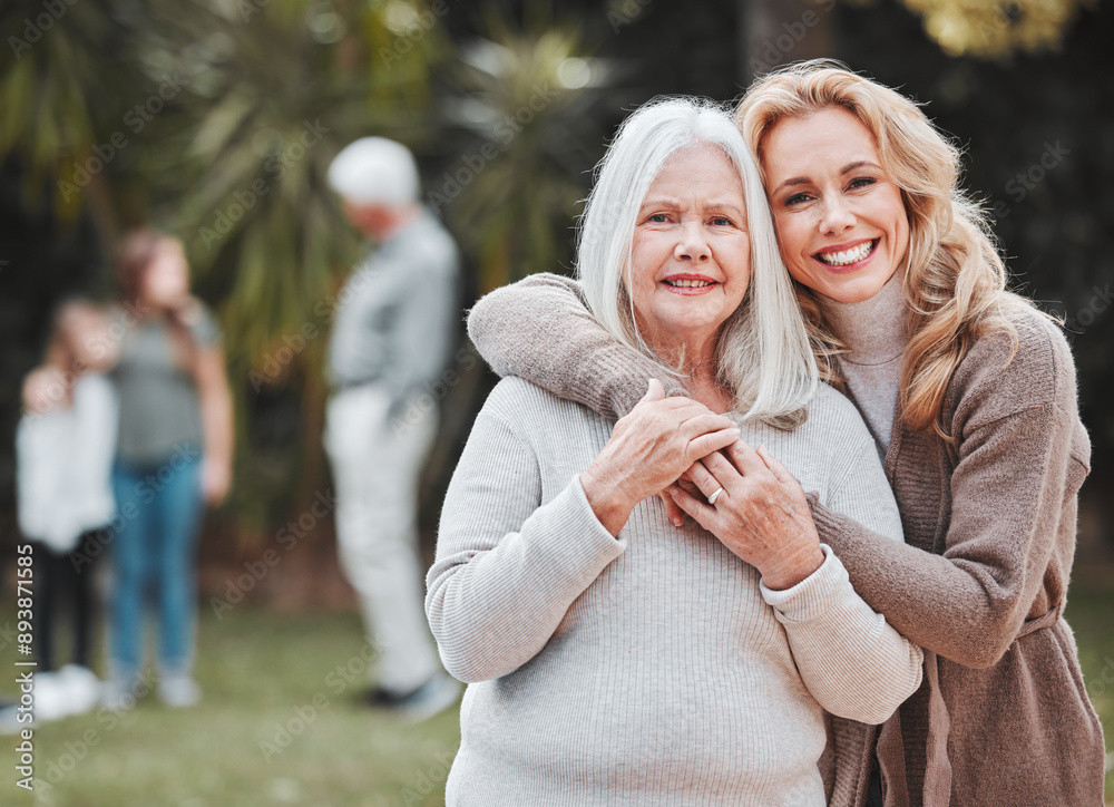 Sticker Portrait, happy woman and senior mom in garden with smile, gratitude and embrace in outdoor bonding together. Family, generation and elderly mother with daughter in backyard for hug, care or love