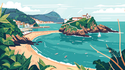 Obraz premium Risograph halftone riso print travel poster, card, wallpaper or banner illustration, modern, isolated, clear, simple of San Sebastián, Spain. Artistic, screen printing, stencil
