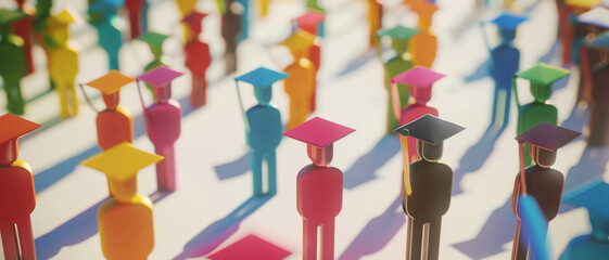 A vibrant collection of diverse figurines in graduation caps standing tall and casting long shadows, celebrating the achievement and unity of education.