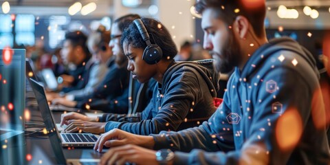  a shot of hackathon participants intensely working on their laptops, with screens displaying lines of code and diagrams, Technology, IT specialist, hackathon, code and di
