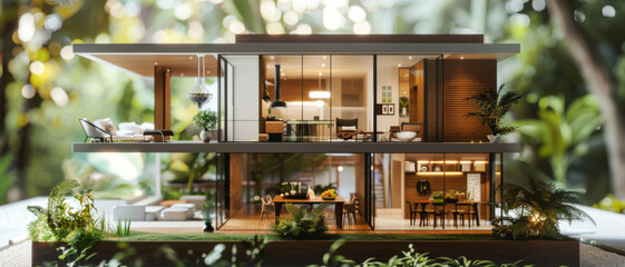 Naklejka premium A sleek architectural model displays a stylish modern home with large glass windows and surrounding greenery, highlighting a fusion of indoor and outdoor spaces.