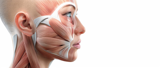 Naklejka premium Detailed anatomical illustration of facial muscles and tissues on a profile view of a person, showcasing the complexity of human facial structure.