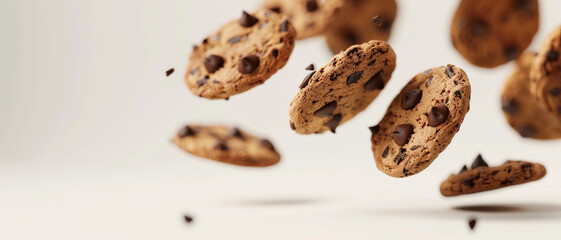 Obraz premium Chocolate chip cookies gracefully float in mid-air, creating a whimsical and delicious scene against a soft white background.