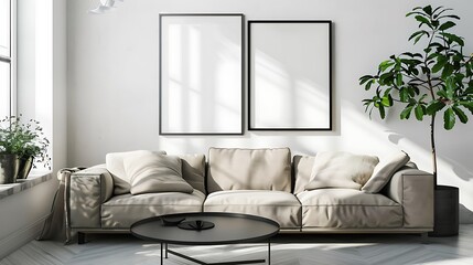 Fototapeta premium Minimalist Living Room Interior Design with Two Empty Frames