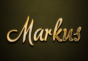 Old gold text effect of Deutsche name Markus with 3D glossy style Mockup.