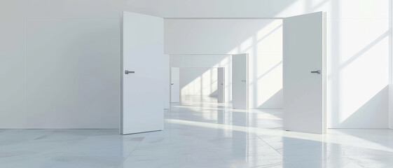 Rows of white open doors invite exploration of bright, spacious rooms illuminated by natural light.