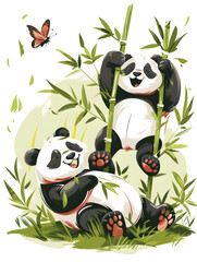 The illustration features two happy pandas playing and eating bamboo, with a butterfly hovering above. Its ideal for nature and wildlife themes with a touch of joy and companionship