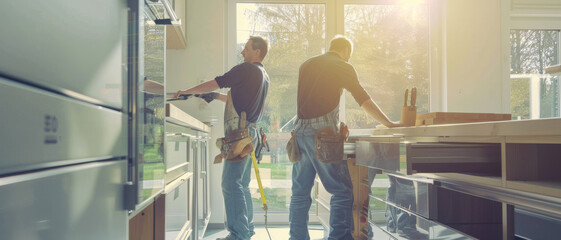 Two workers in an airy, sunlit room, installing a kitchen with tools scattered around, mid-conversation, revealing the process and camaraderie of home renovation.