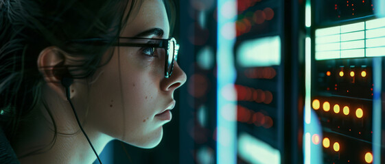 A focused image of a woman in glasses closely examining a data server with blue and orange lights in the background, epitomizing concentration and technology.