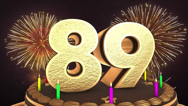 89th birthday chocolate cake animation 3d render in chocolate gold with confetti and balloon background. 4k