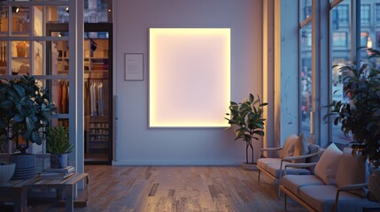 A modern minimalist living room with a large light box on the wall two armchairs and a wooden coffee table with plants