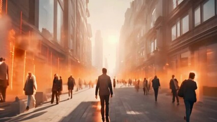 A virtual reality perspective of a person walking through a city during a heatwave, with augmented reality (AR) indicators showing temperature spikes and warnings - Powered by Adobe