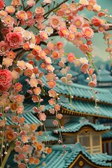 Obraz premium Pink Flowers Hanging From Tree Branch Over Chinese Style Architecture