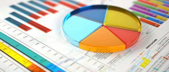 A vibrant pie chart and bar graphs overlayed on financial reports, highlighting data analysis and business analytics.