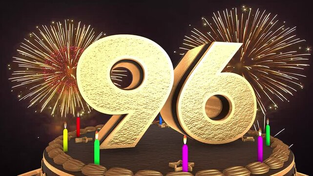 96th birthday chocolate cake animation 3d render in chocolate gold with confetti and balloon background. 4k