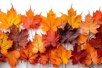 A collection of colorful maple leaves is displayed on a white background. Top view with copy space for text. Autumn season leaf fall