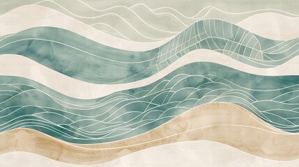 Abstract teal and beige background with hand-drawn wave patterns for tranquility