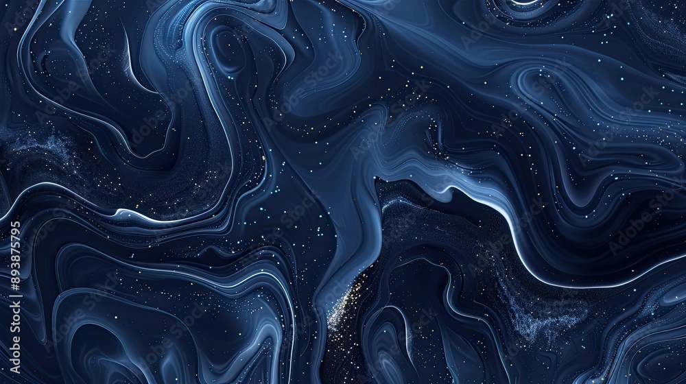 Poster Navy blue and silver wallpaper with fluid swirling patterns and glowing dots